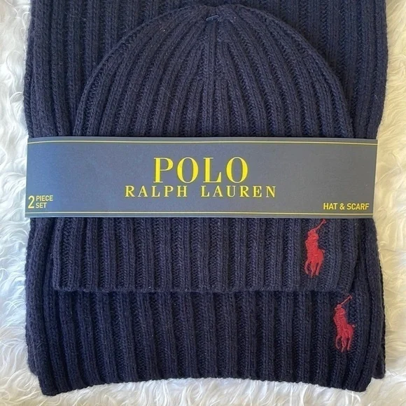 Brand New Polo Ralph Lauren 2-Piece Wool Hat & Scarf Set Navy Blue Deep Red Pony